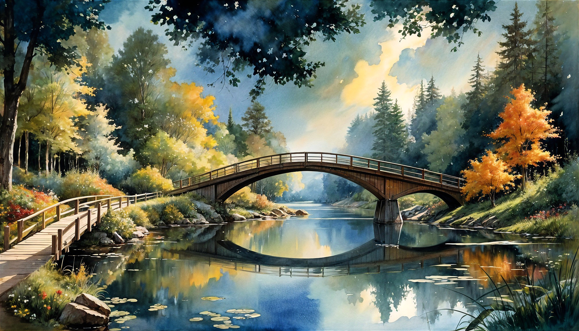 Serene Landscape with Wooden Bridge and Autumn Foliage