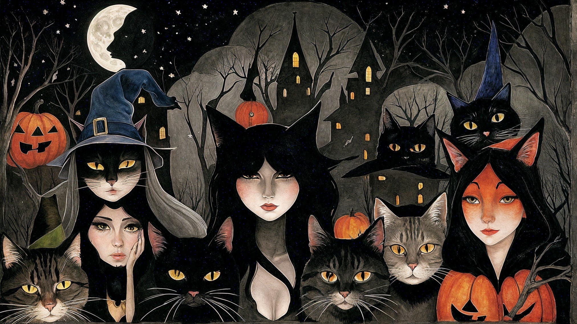Mystical Halloween Scene with Witches and Cats