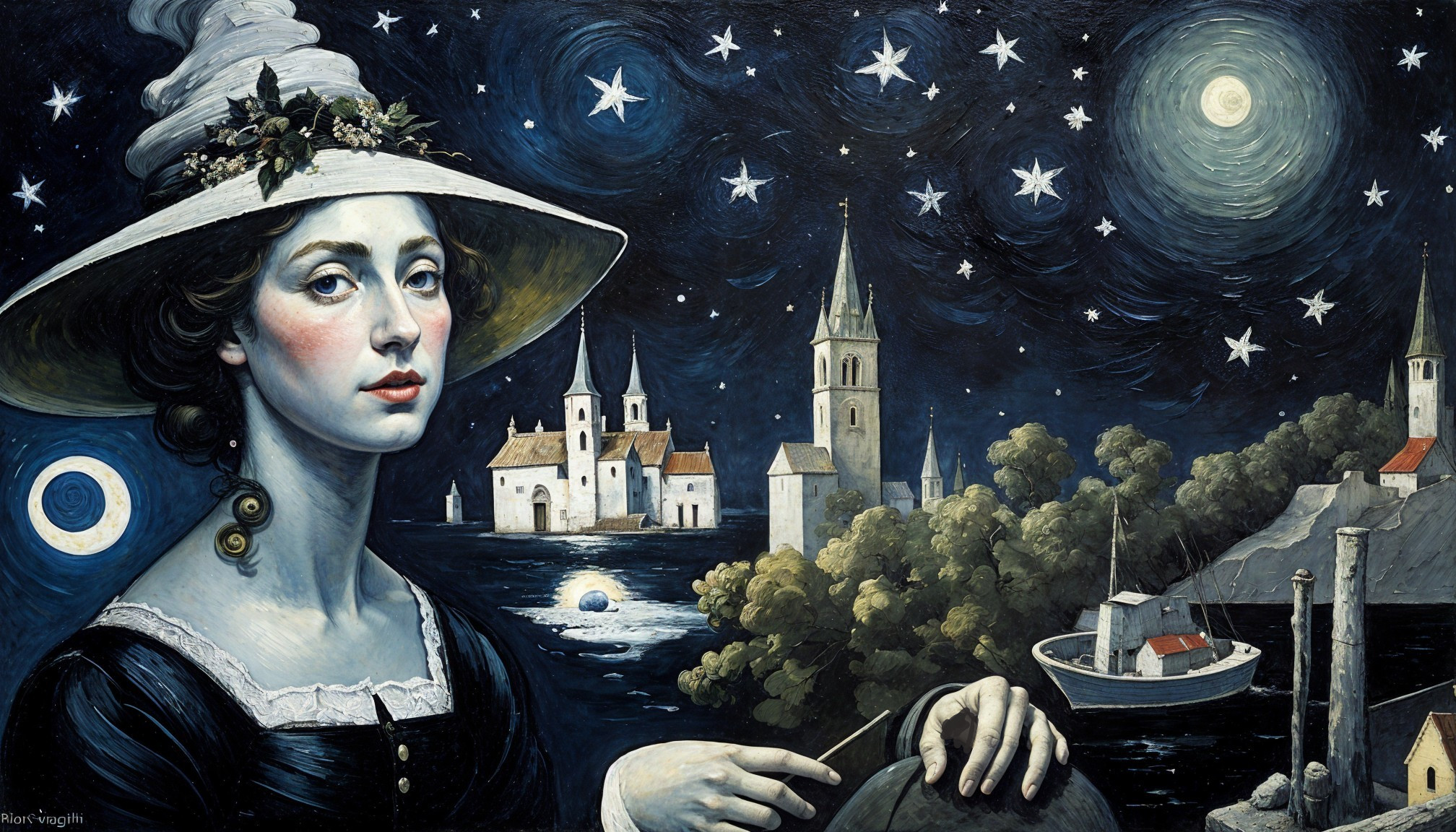 Young Woman in Hat Against Serene Night Landscape
