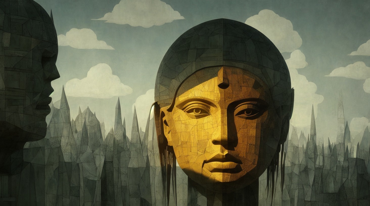 Surreal artwork of serene golden head in pine tree landscape