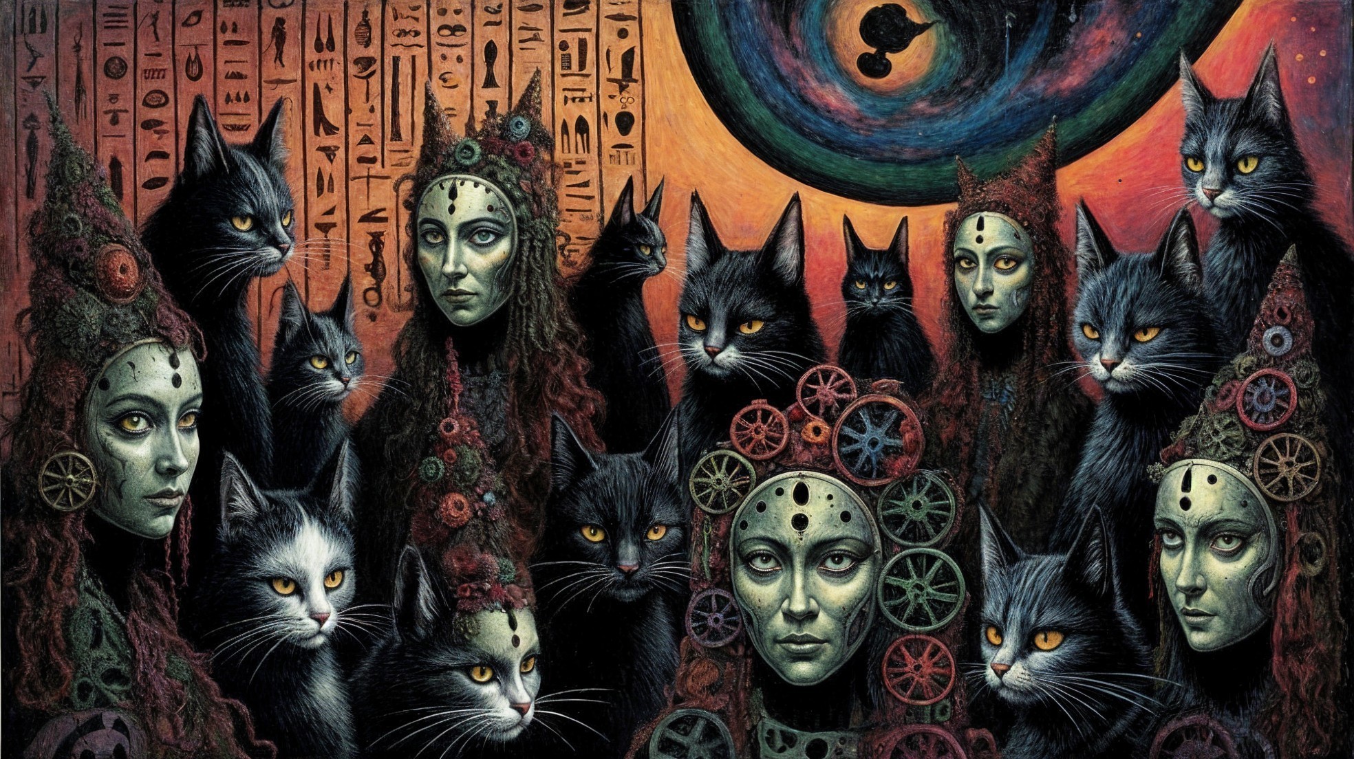 Artwork of Women with Headdresses and Black Cats