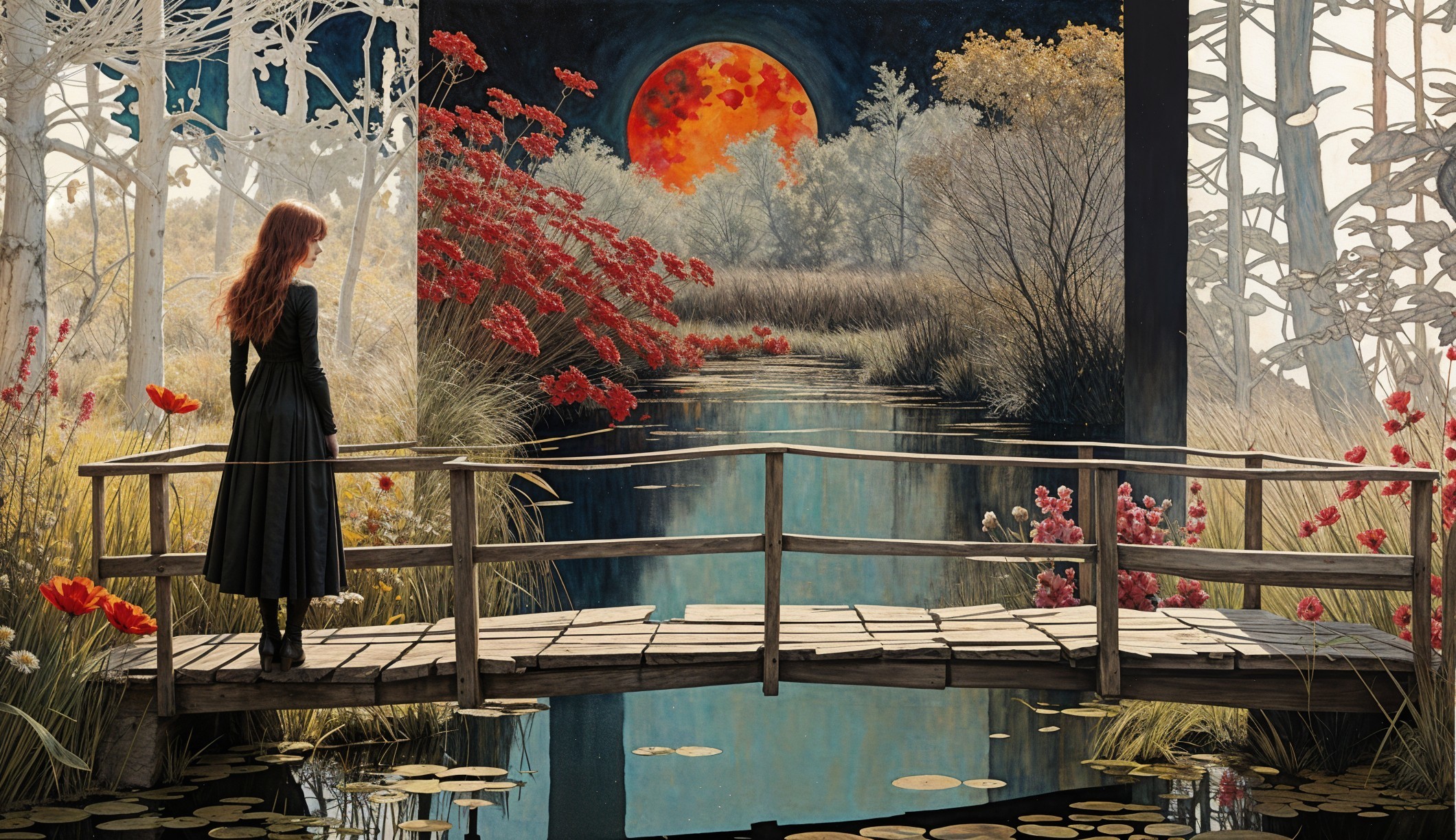 Woman in Black Dress on Bridge with Moonlit Pond
