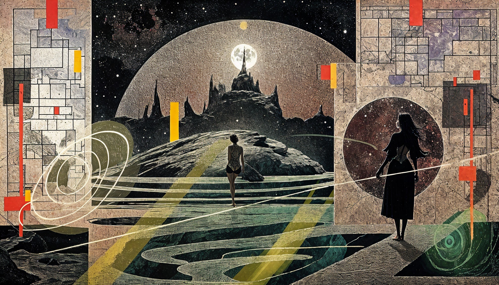 Surreal Landscape with Figures and Cosmic Elements