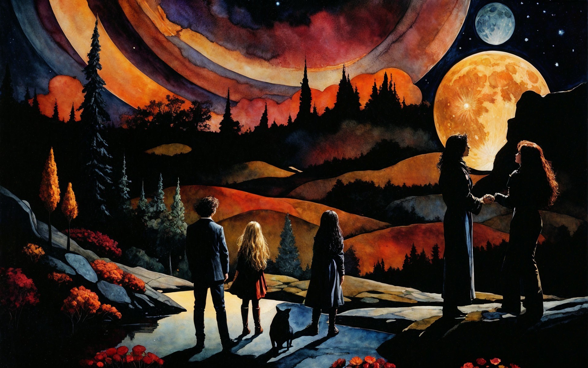 Figures on a Rocky Path with Cosmic Landscape View