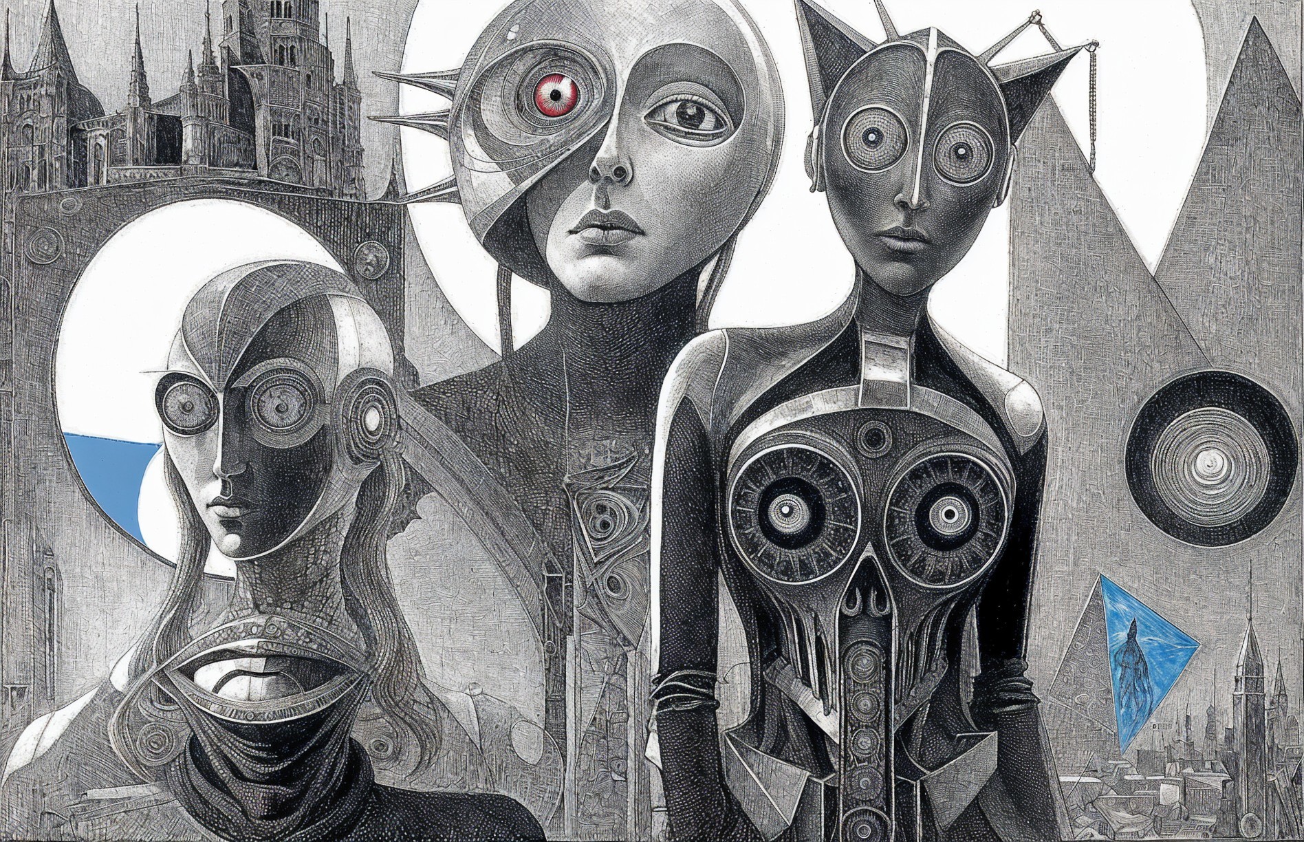 Surreal Composition with Humanoid Figures and Geometry