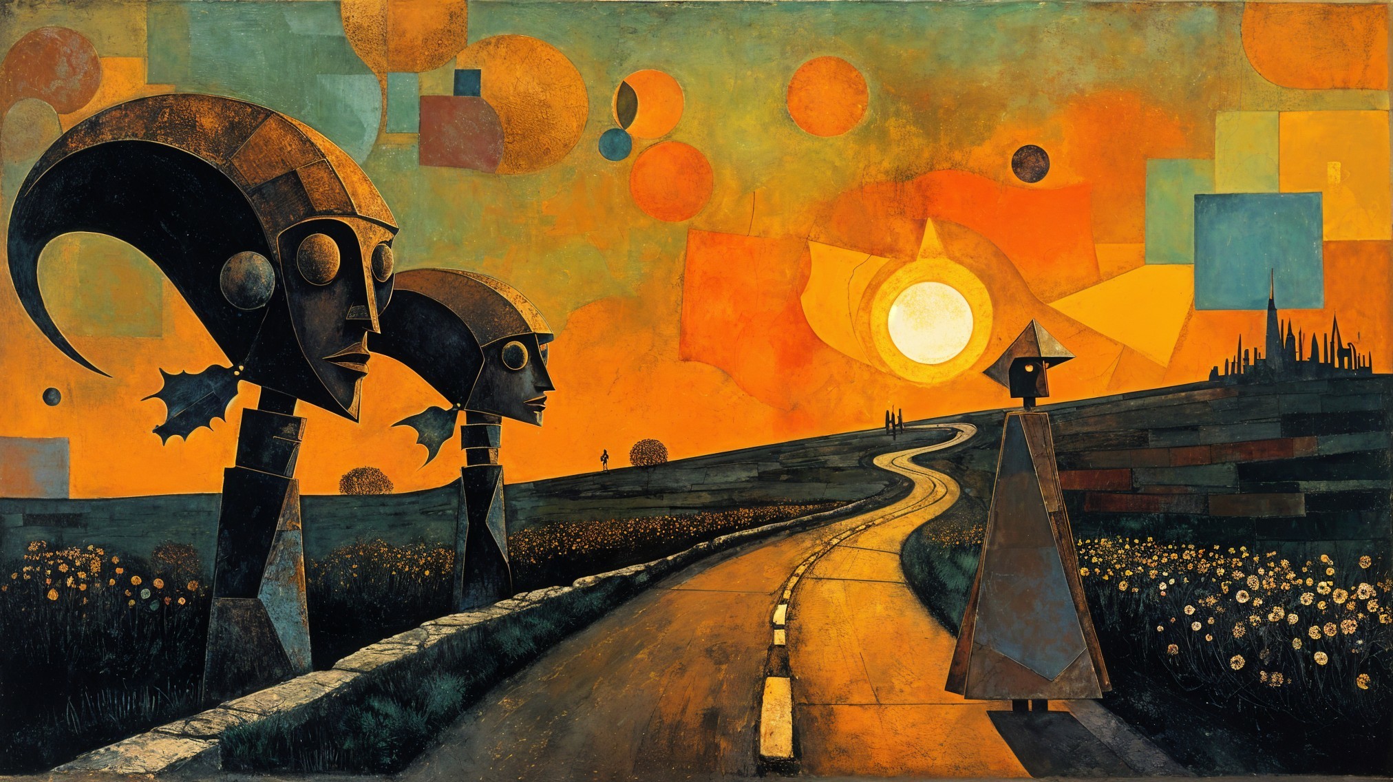Surreal Landscape with Abstract Figures and Sunset