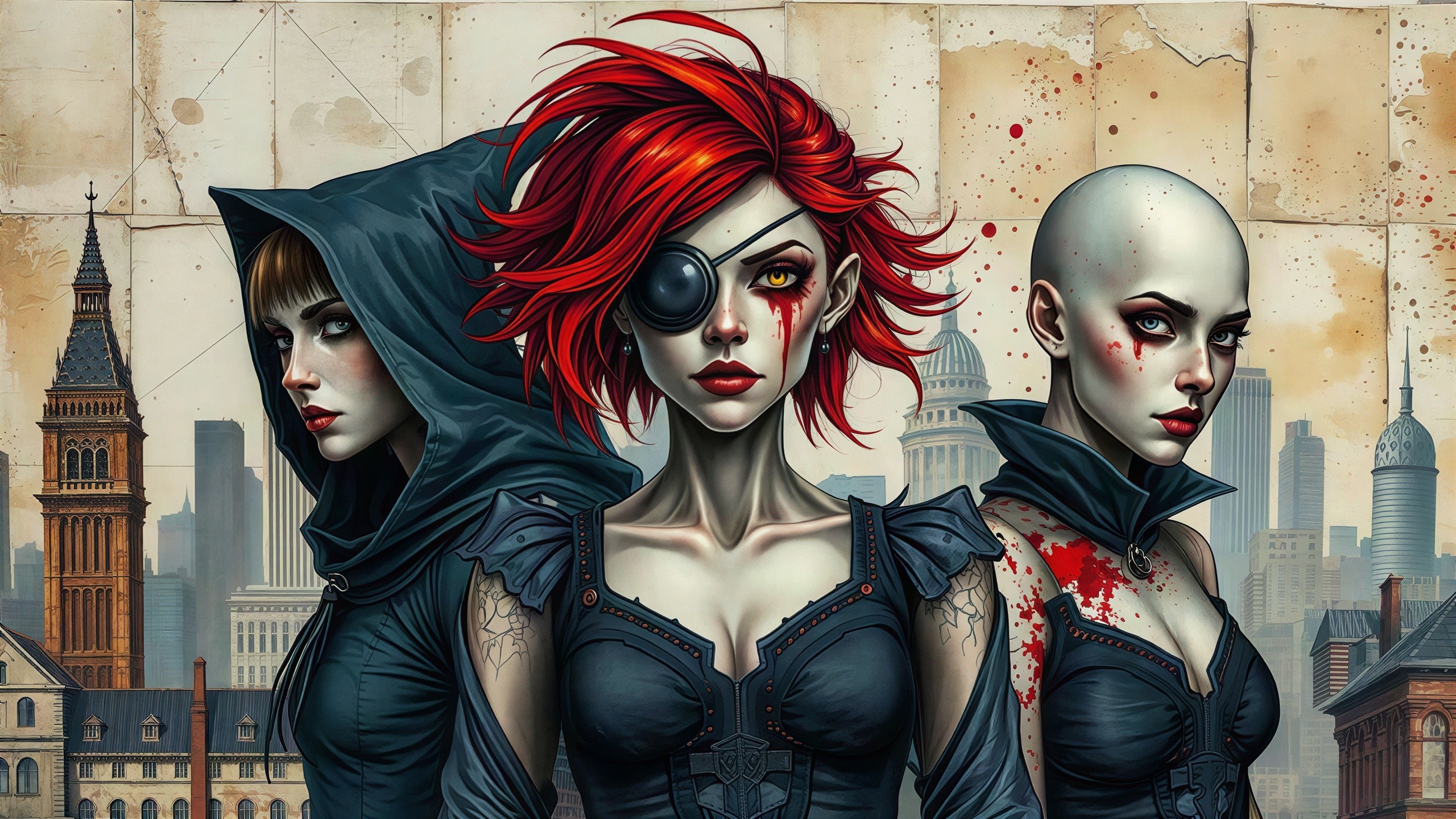 Women with tattoos and dark clothing in urban setting