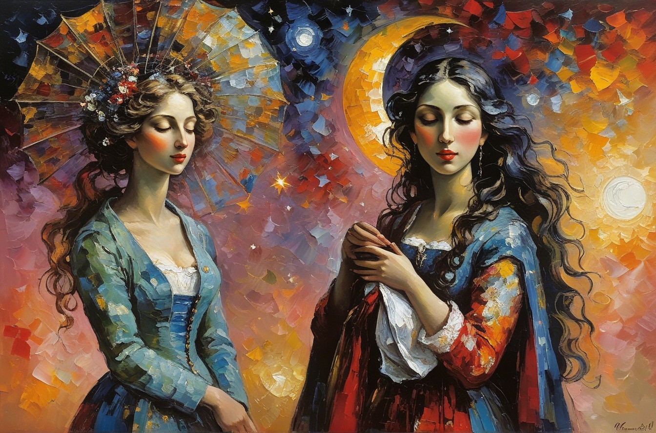 Elegant Women with Umbrella in Starry Sky Painting