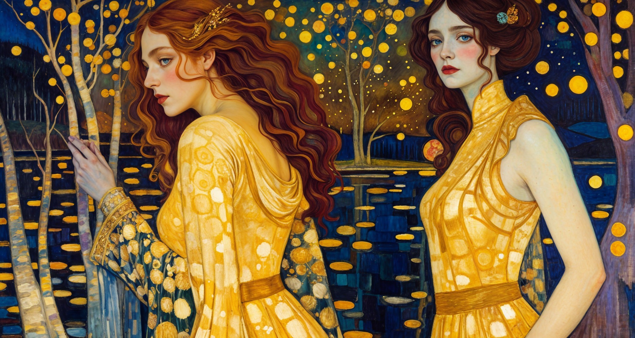 Women in Golden Dresses by a Shimmering Lake