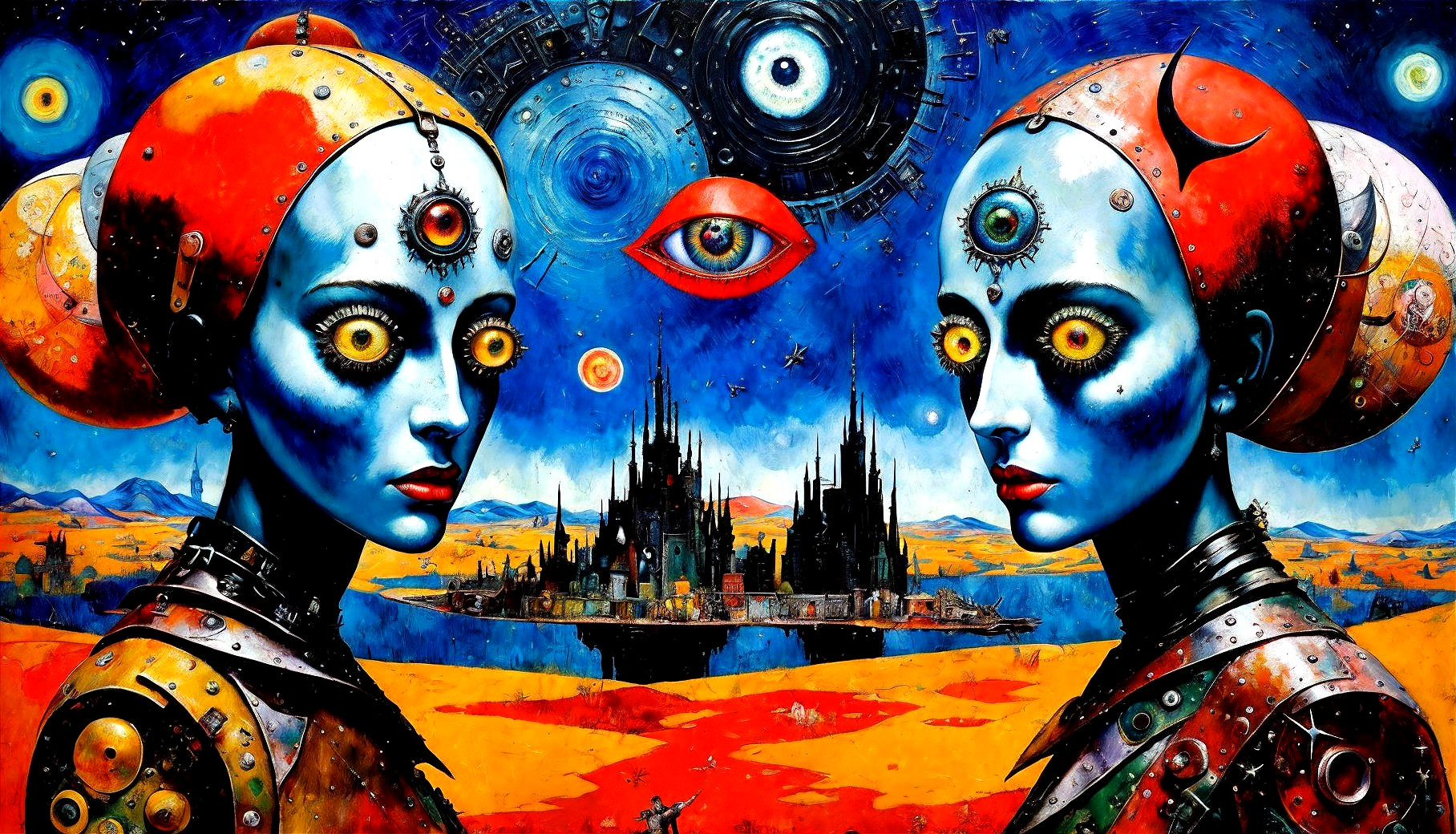 Otherworldly Humanoids in Surreal Landscape Scene