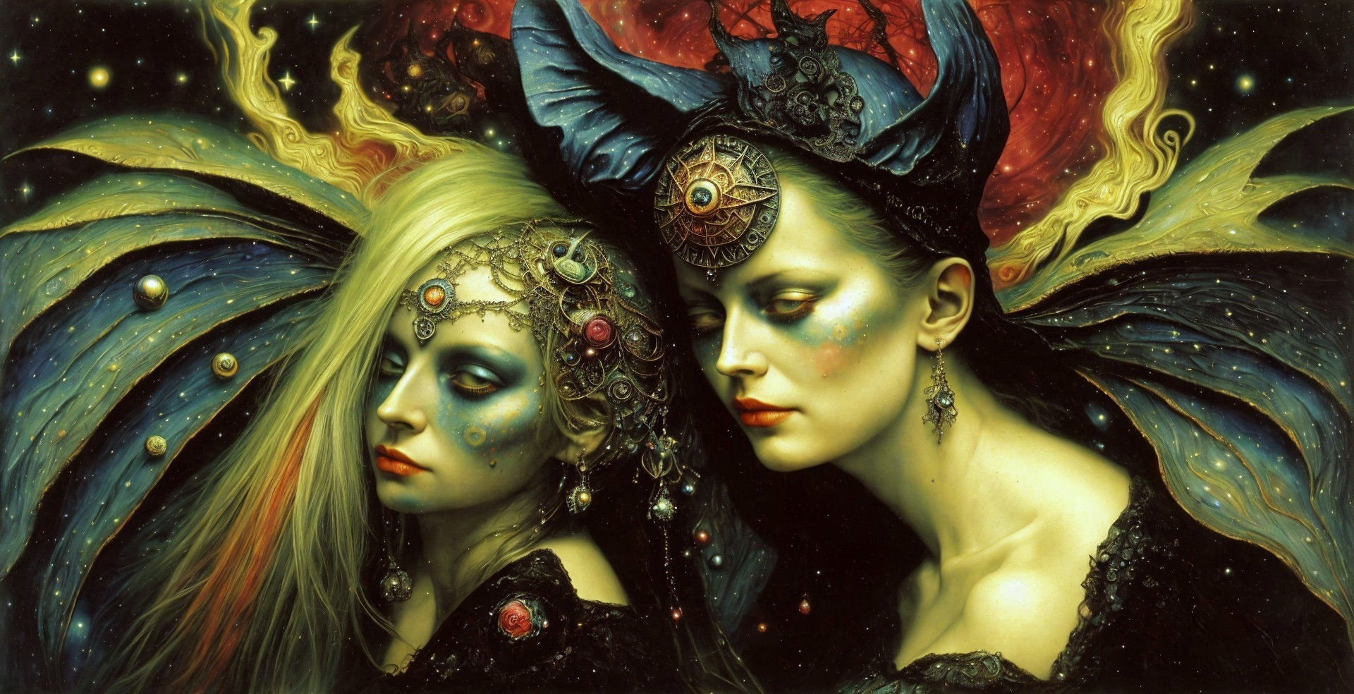 Two women in ornate headpieces with cosmic makeup on dark celestial background