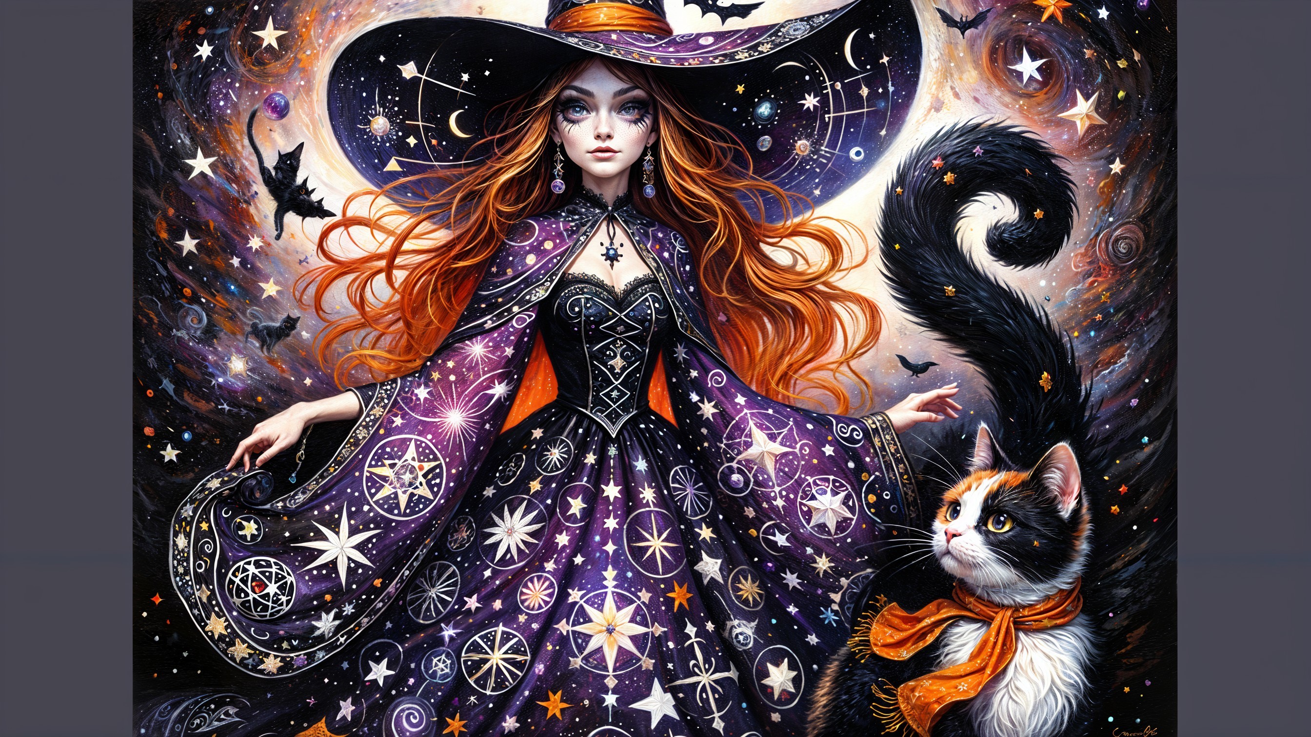 Mystical witch in purple gown with calico cat