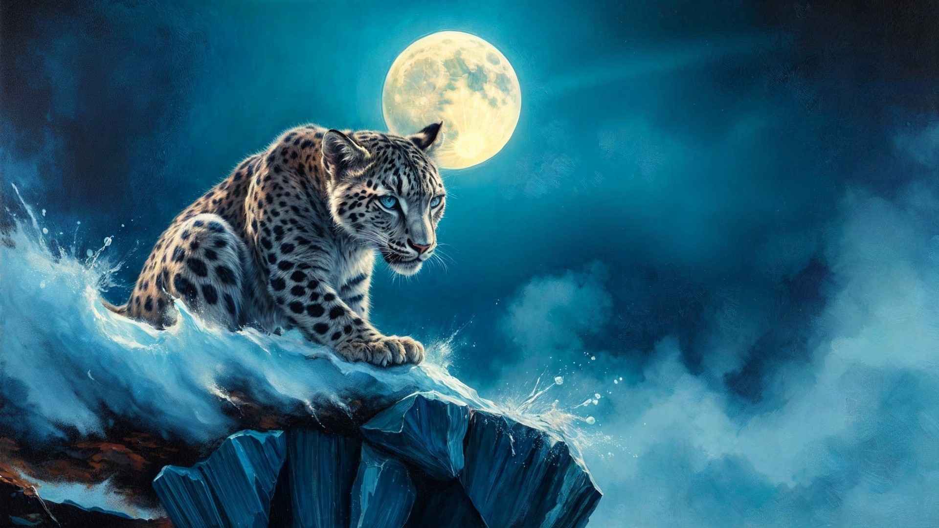 Snow Leopard on Rocky Outcrop Under Moonlight