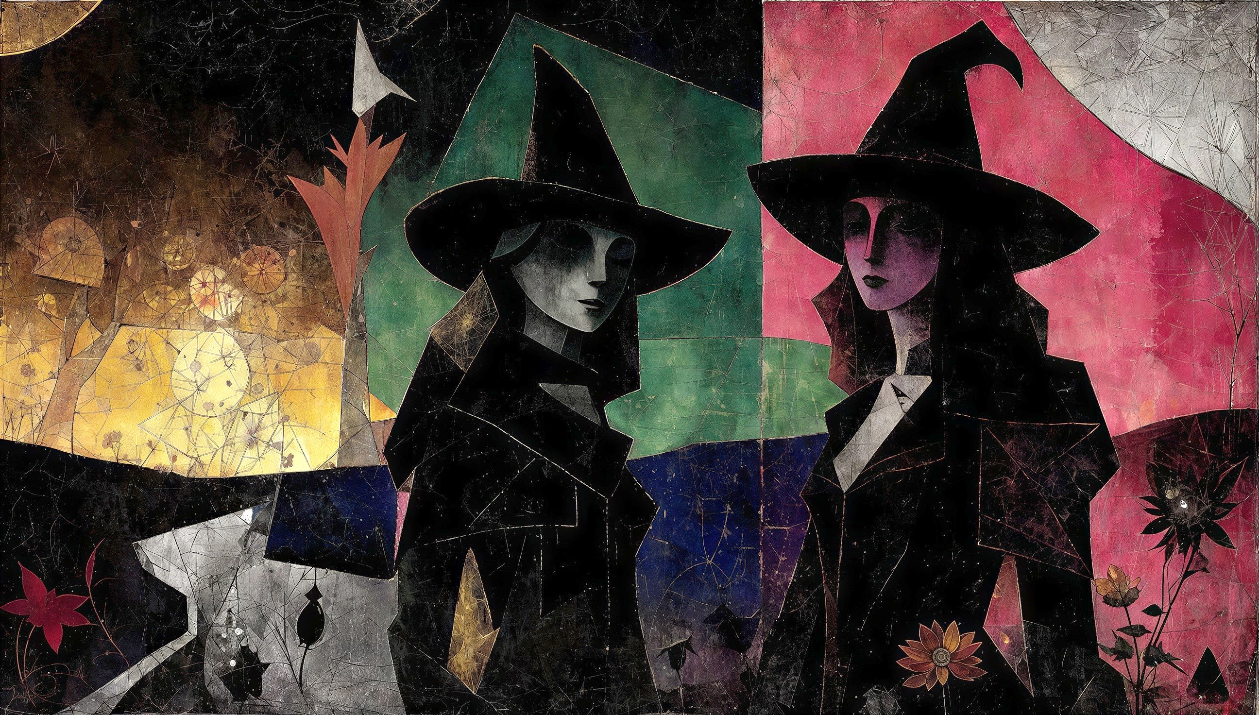 Cubist Painting of Two Witches in Bold Colors