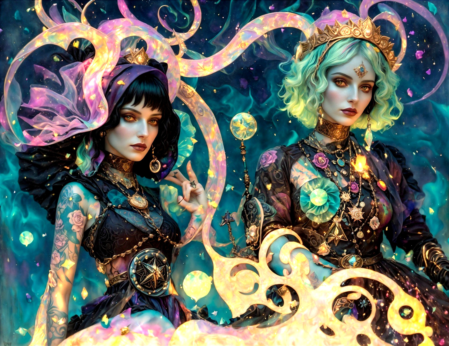 Whimsical female figures in ornate gothic attire with celestial backgrounds
