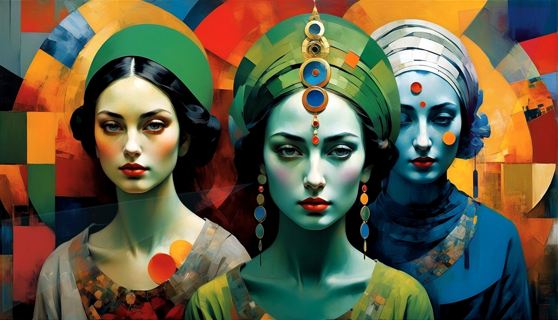 Three Women with Unique Headpieces in Bold Colors