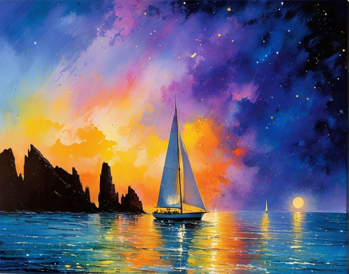 Vibrant Sunset Over Water with Sailboats and Rocks