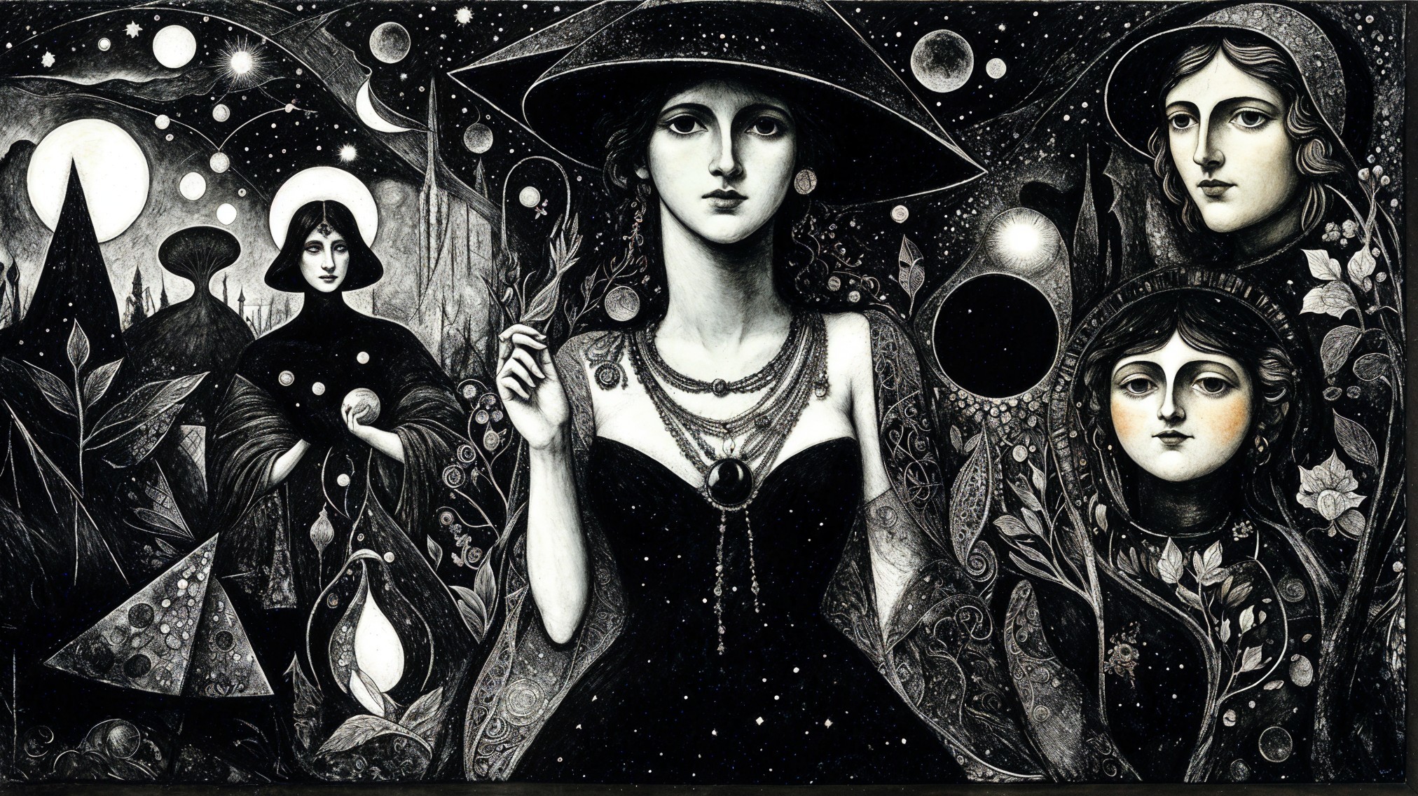 Surreal Black and White Artwork with Enigmatic Figures