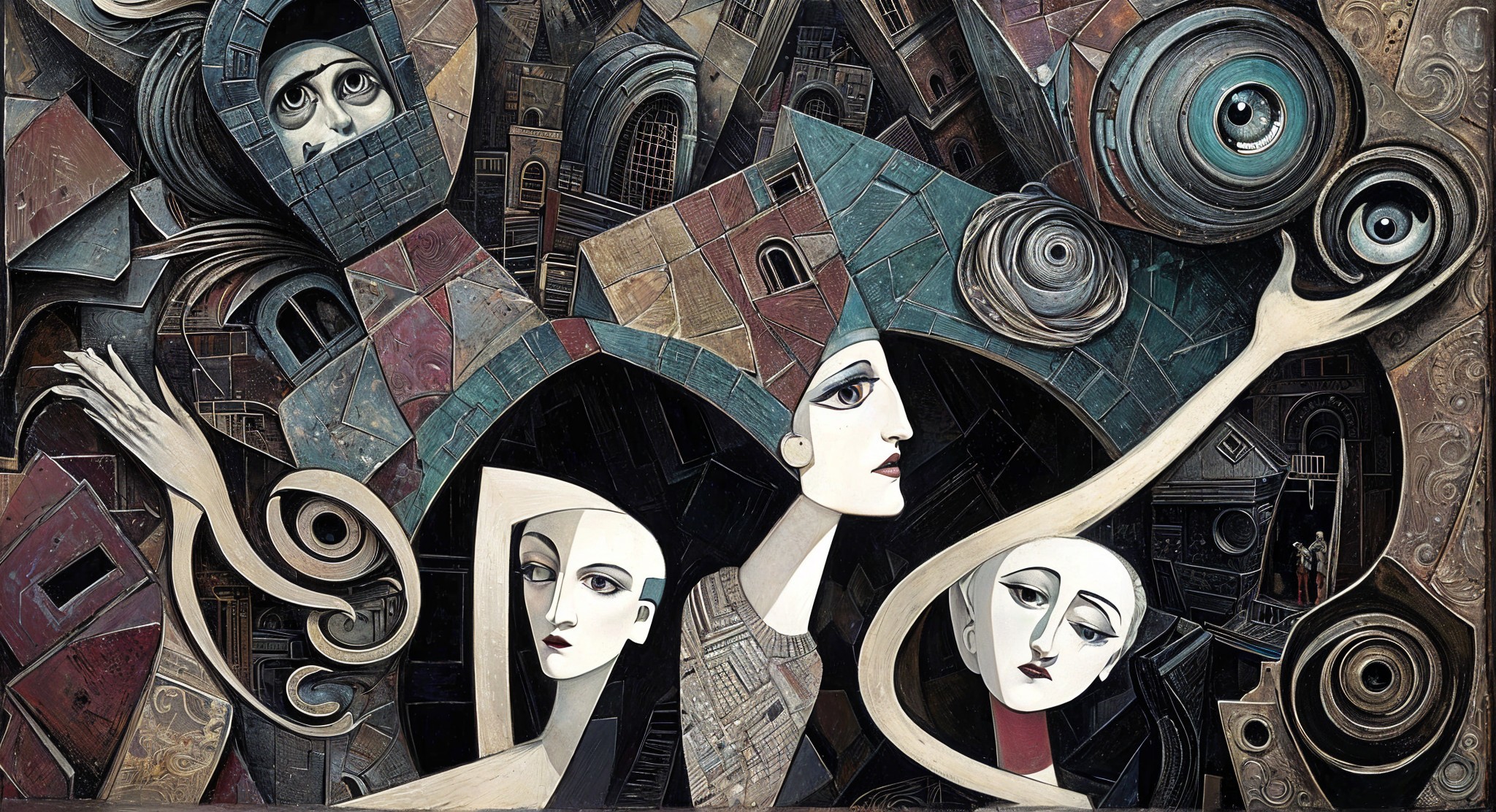 Abstract Figures with Elongated Faces and Geometric Background