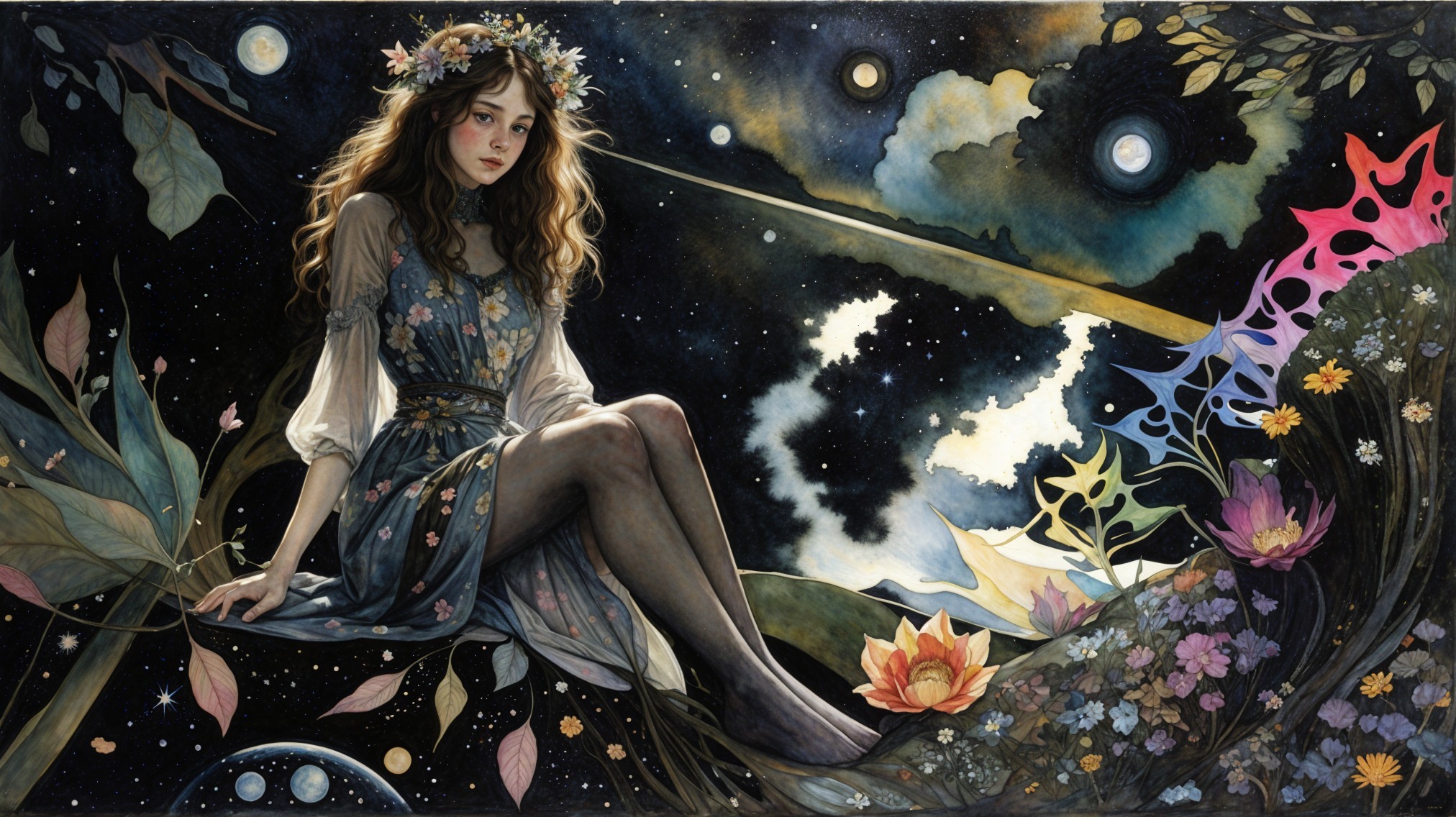 Dreamy Cosmic Landscape with Floral Dressed Woman