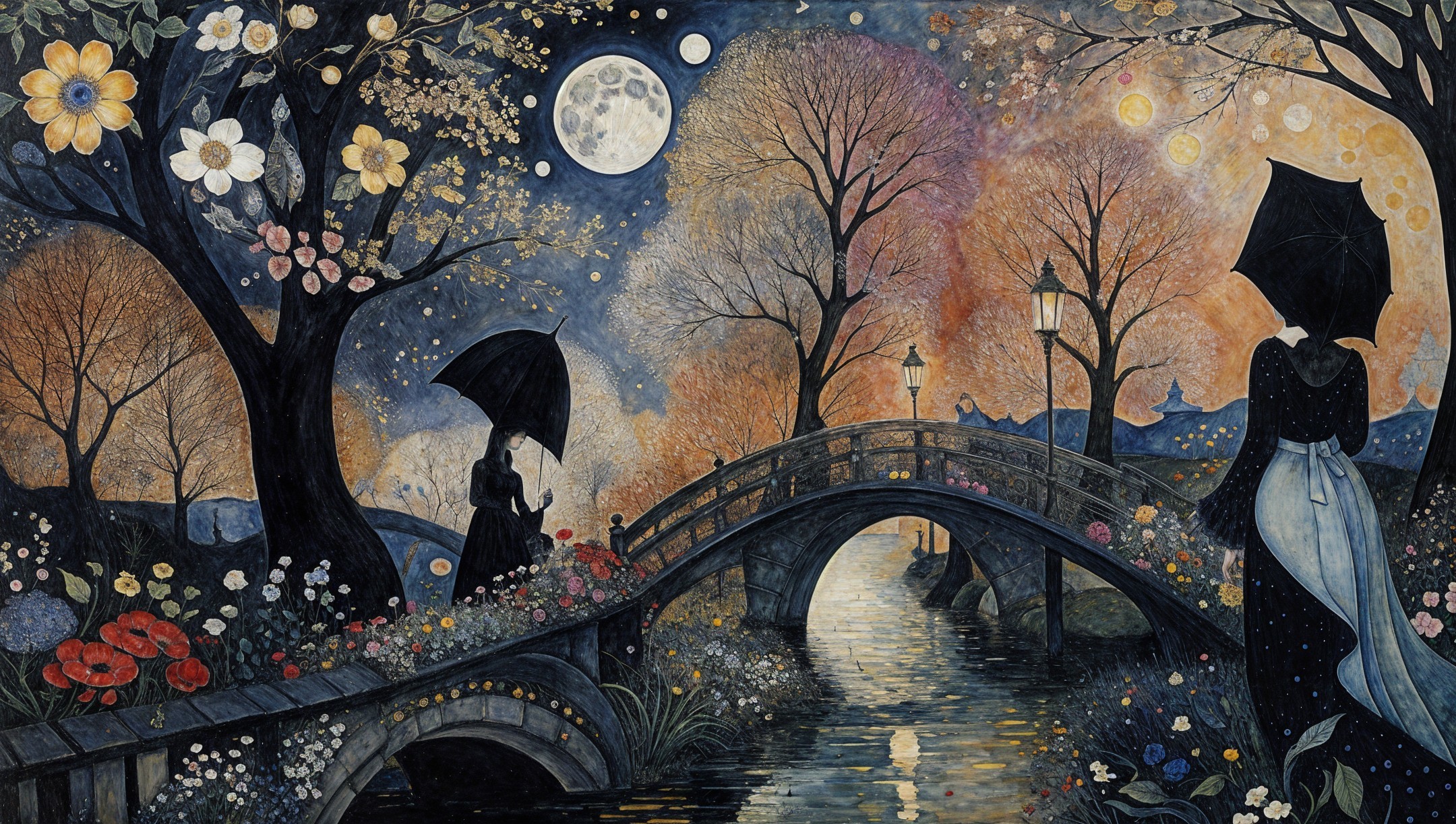Twilight Landscape with Figures on a Flowered Bridge
