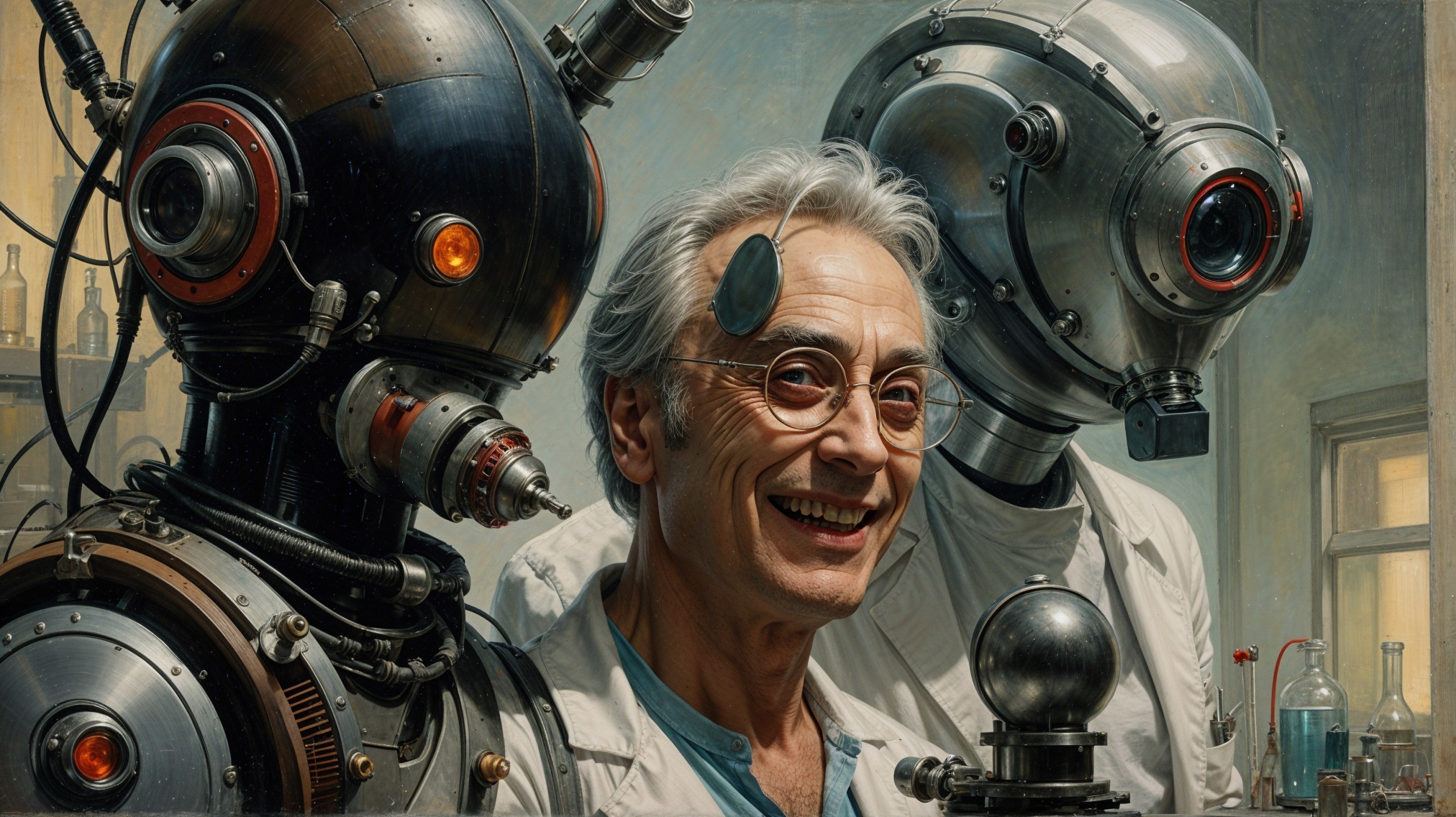 Scientist with Robots in a Futuristic Laboratory