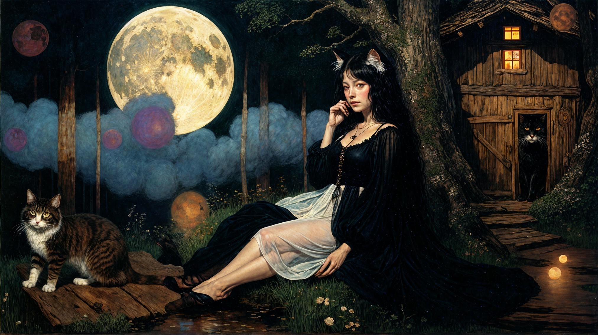 Mysterious scene with woman, cat, and cottage at night