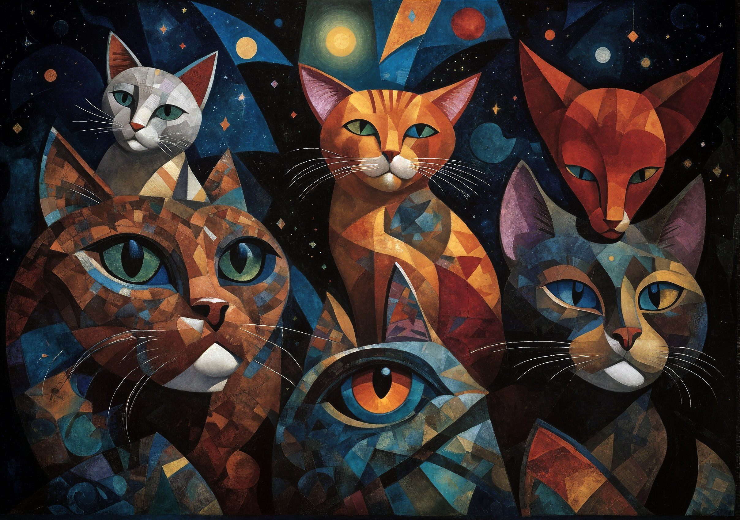 Abstract Composition of Seven Geometric Cats