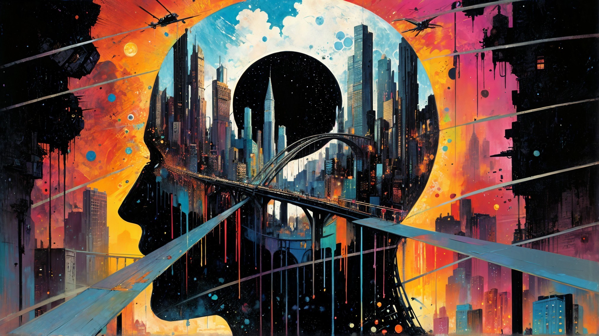 Surreal Illustration of Cityscape within Human Head