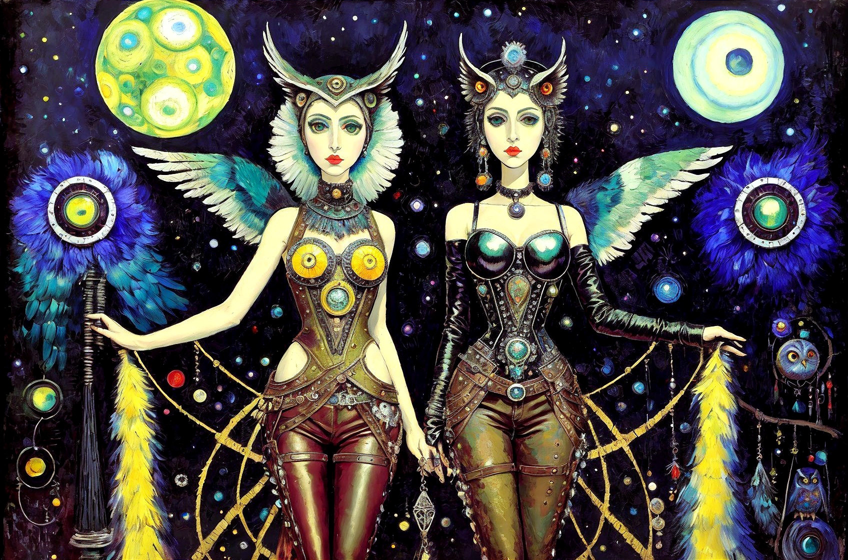 Figures in Fantastical Owl-Inspired Outfits in Space