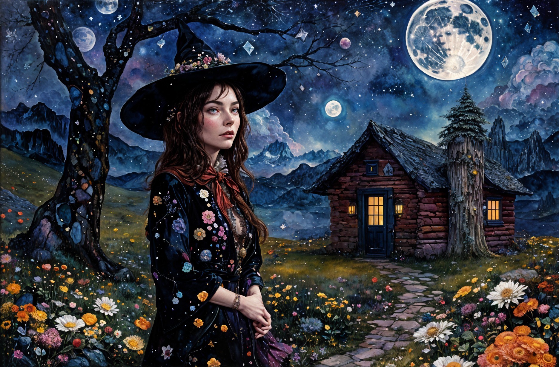 Mystical Night Landscape with Woman and Cabin