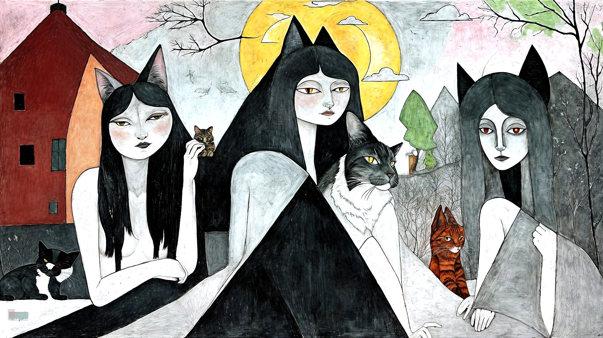 Stylized Feline Figures in a Serene Landscape