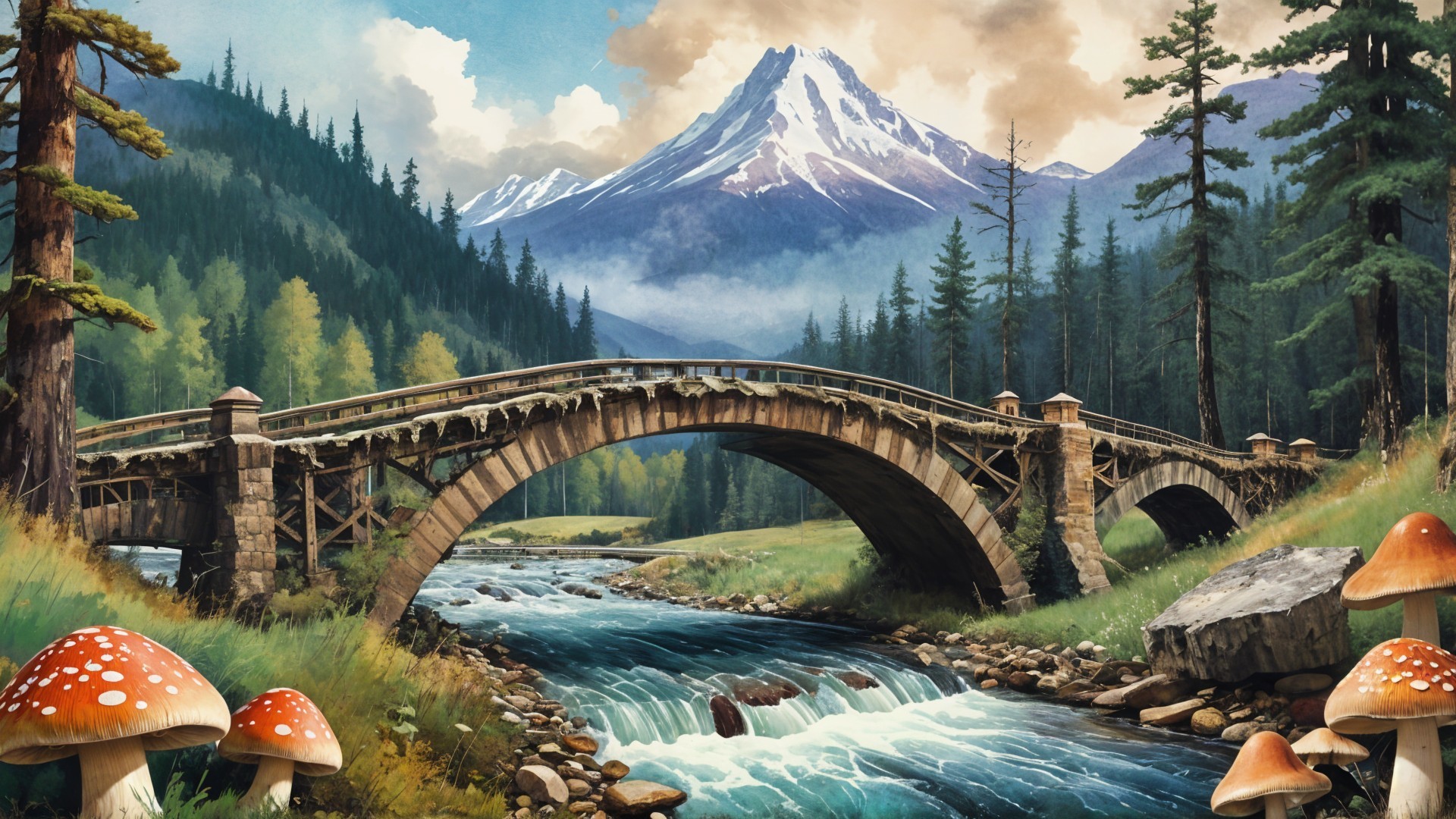 Serene landscape with stone bridge and mountains