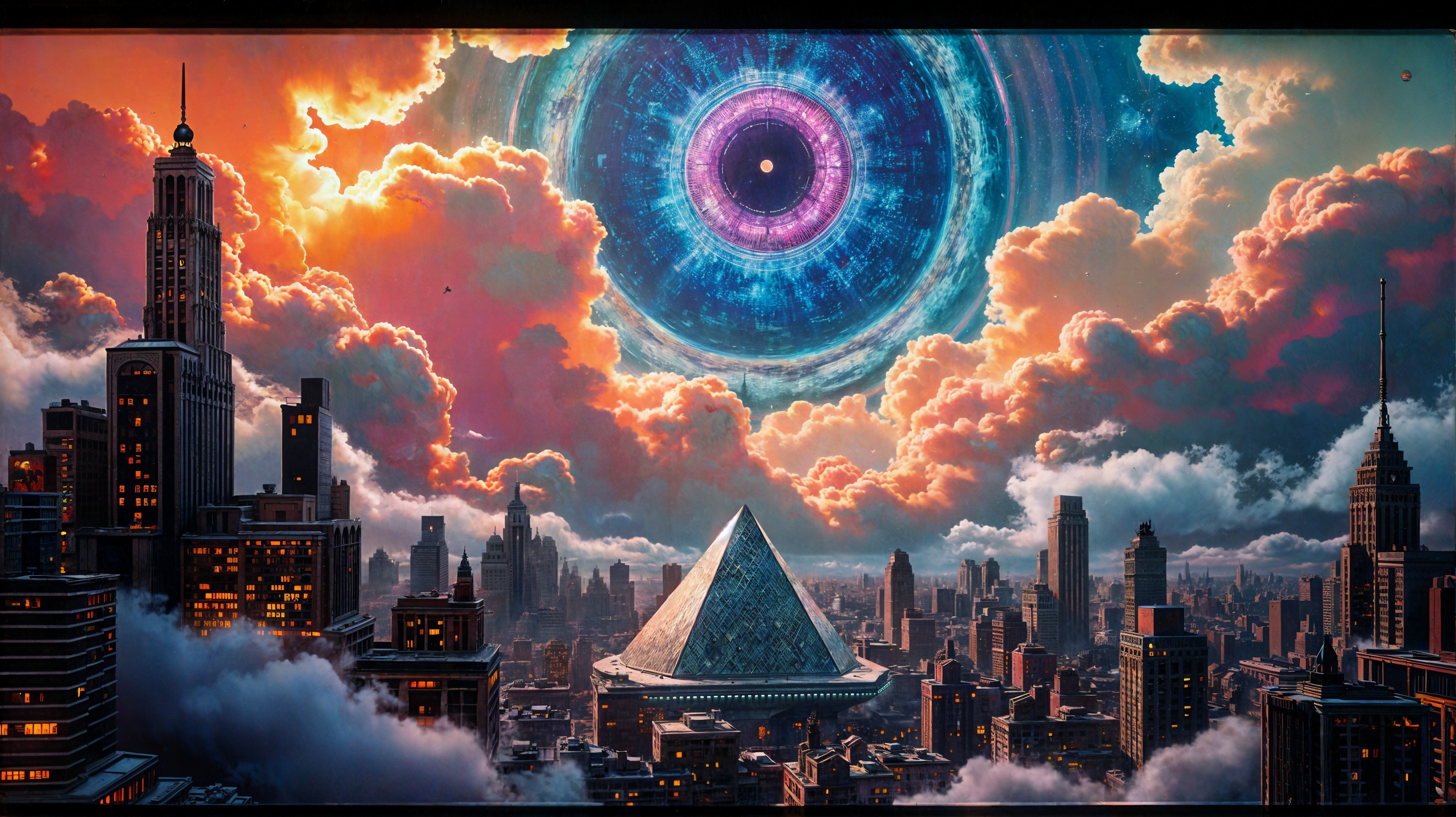 Surreal Cityscape with Glowing Eye and Pyramid Structure