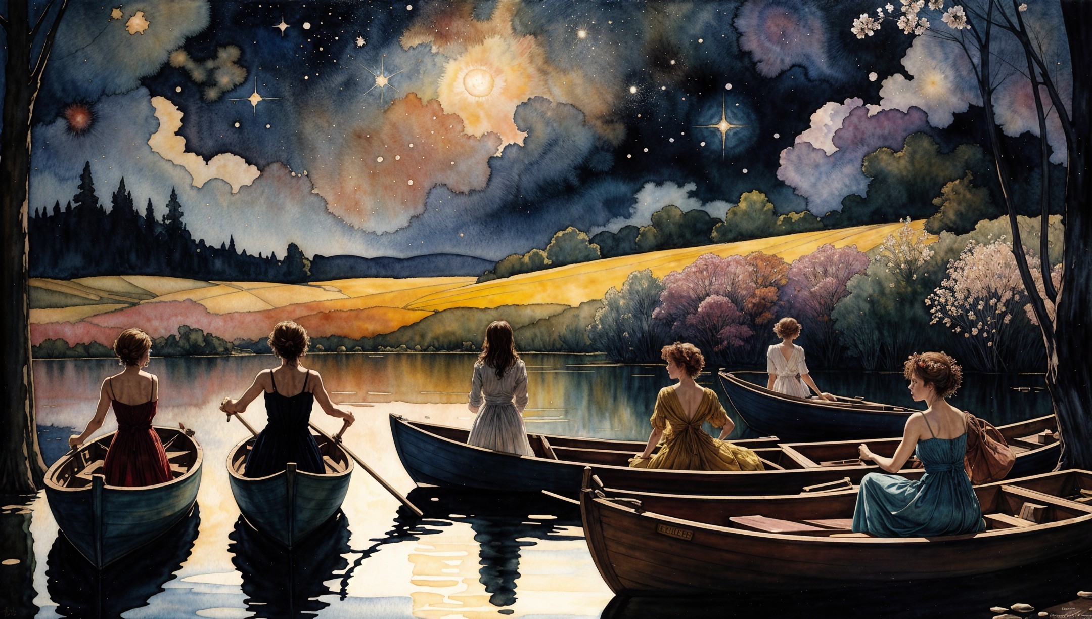 Five Women in Rowboats Under a Starry Sky