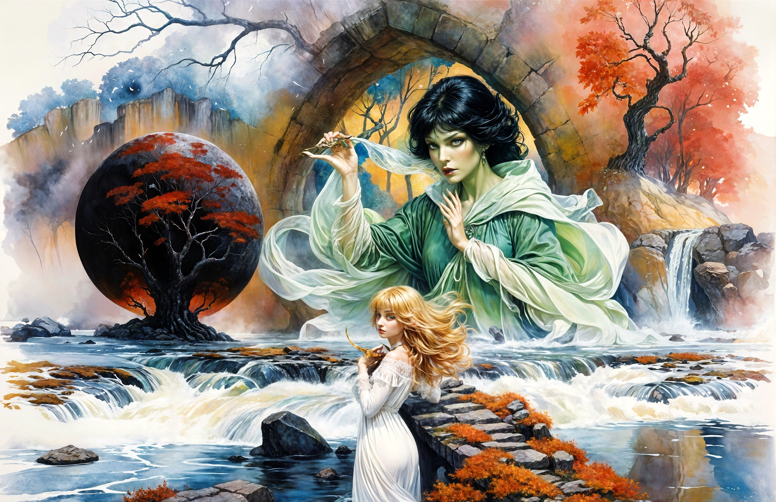 Mysterious Woman Levitating Feather in Enchanted Landscape
