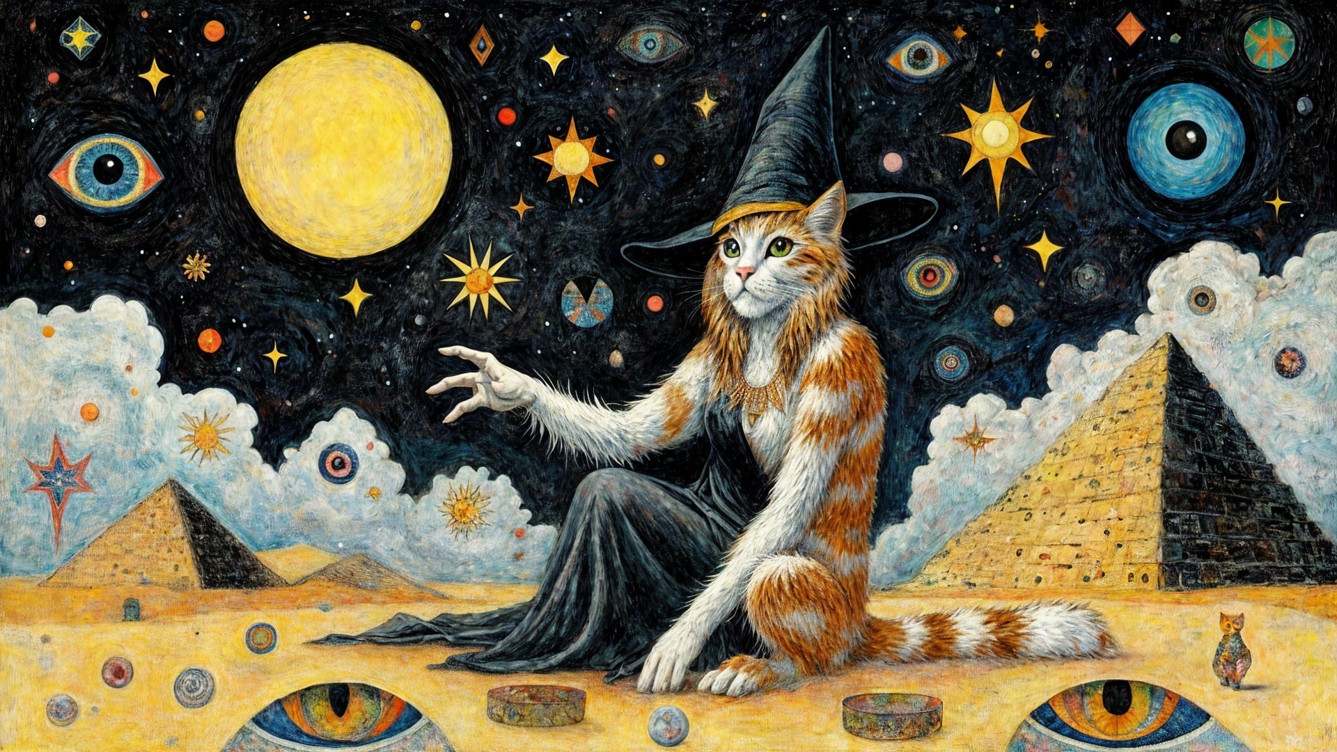 Whimsical Cat in Witch Hat Against Cosmic Backdrop