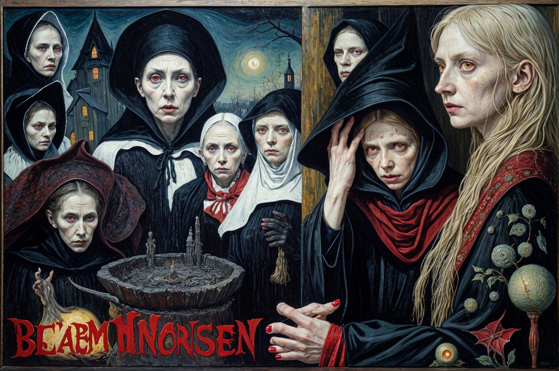 Dark Figures in Traditional Garments in Eerie Setting