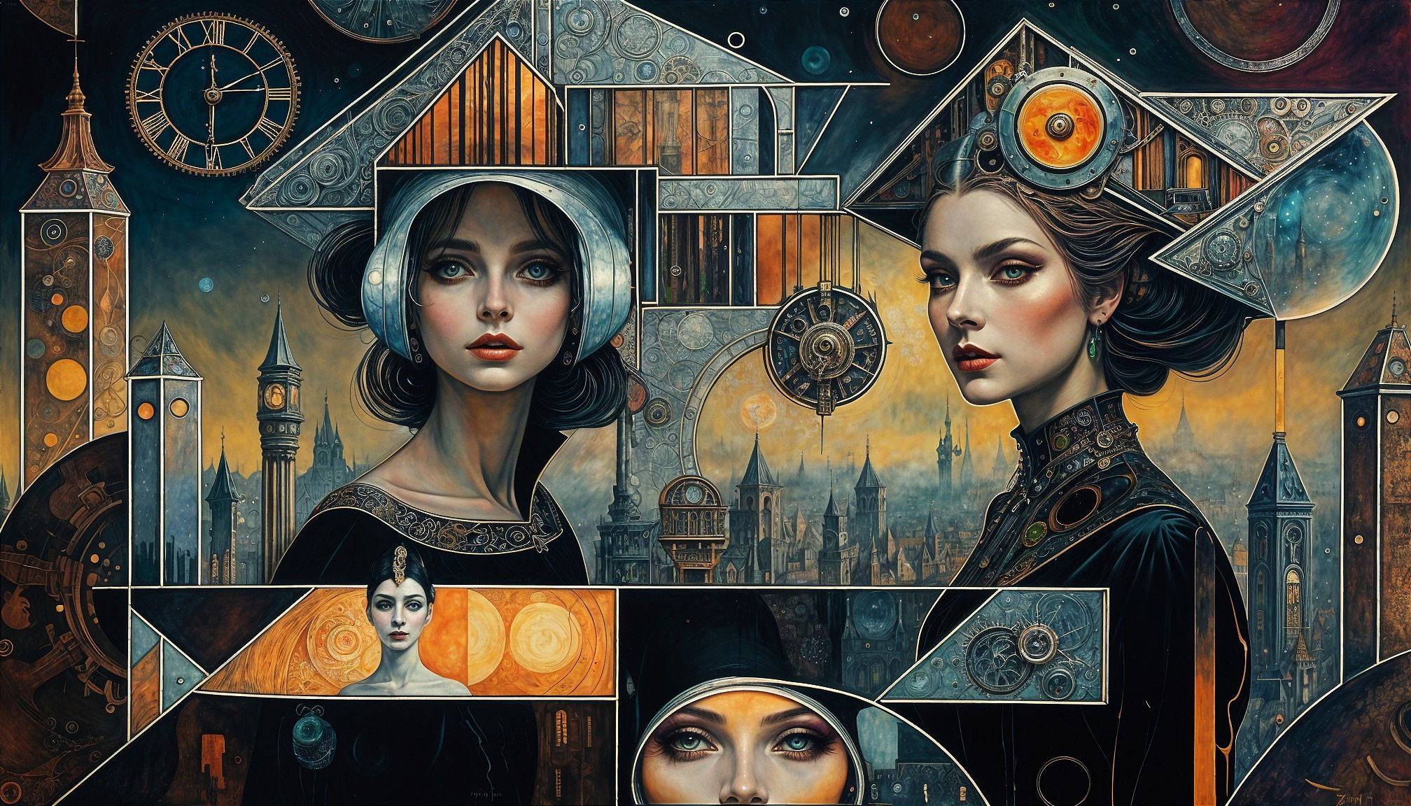 Steampunk Fantasy Artwork with Women and Clockwork Elements