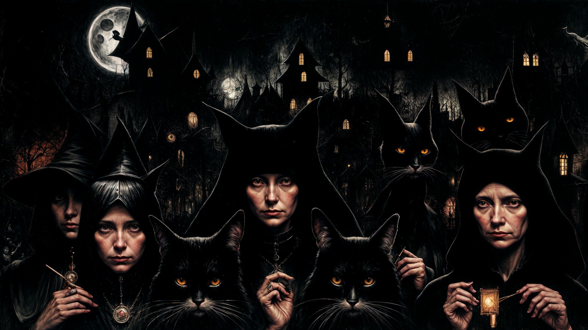 Mysterious Scene of Hooded Figures and Black Cats