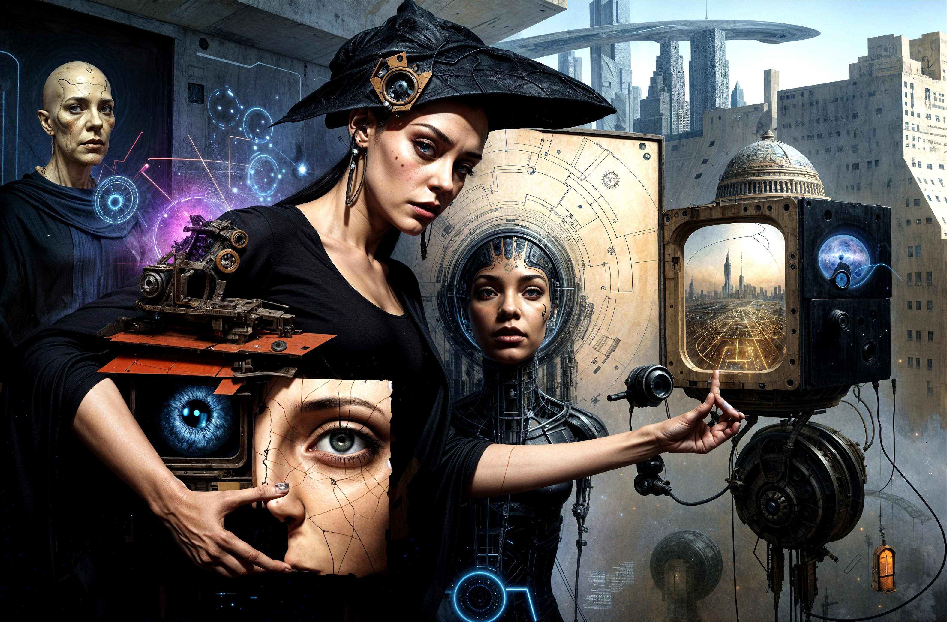 Futuristic Scene with Woman, Cyborg, and Cityscape