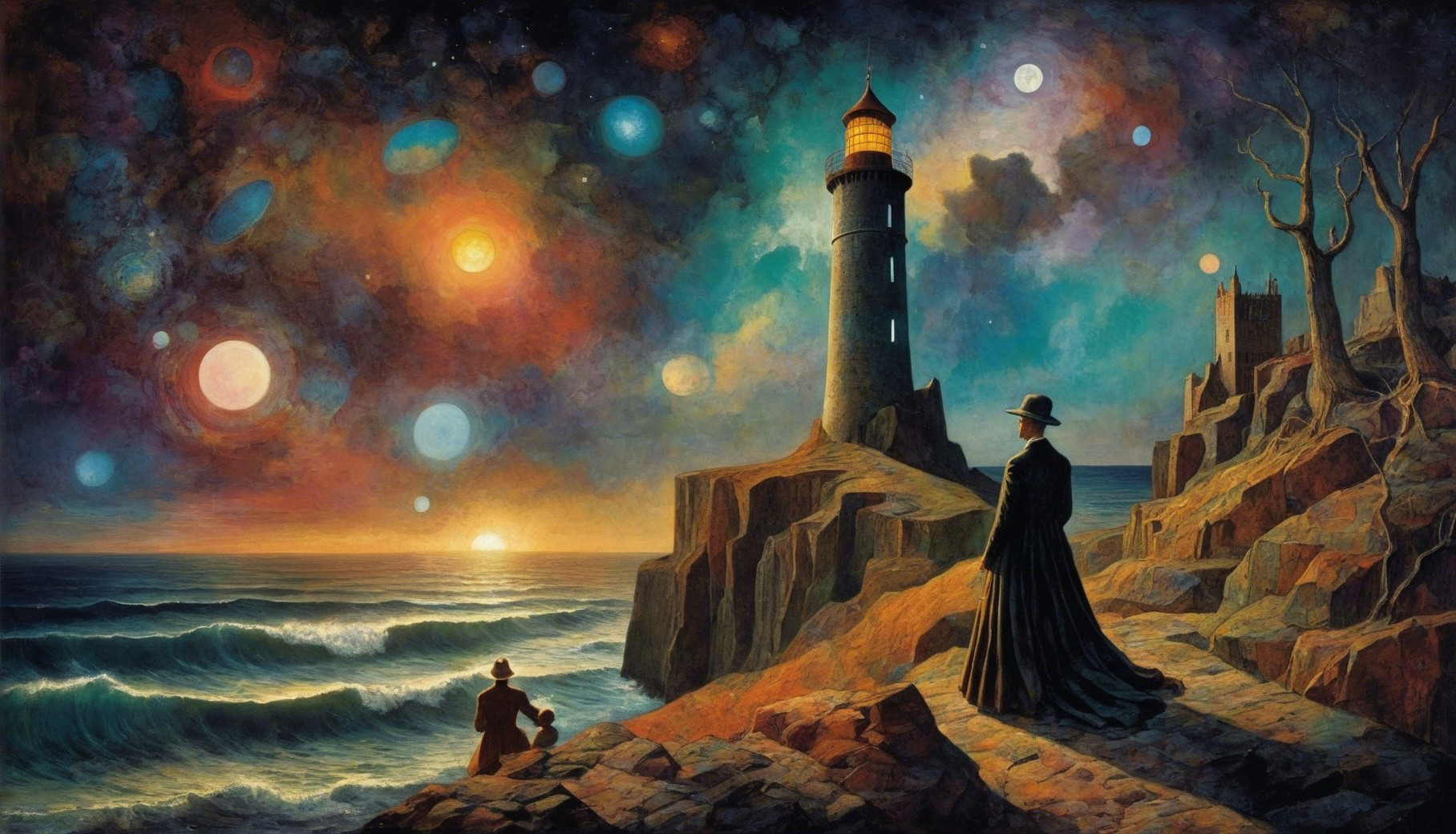 Mysterious Landscape with Lighthouse and Cosmic Sky