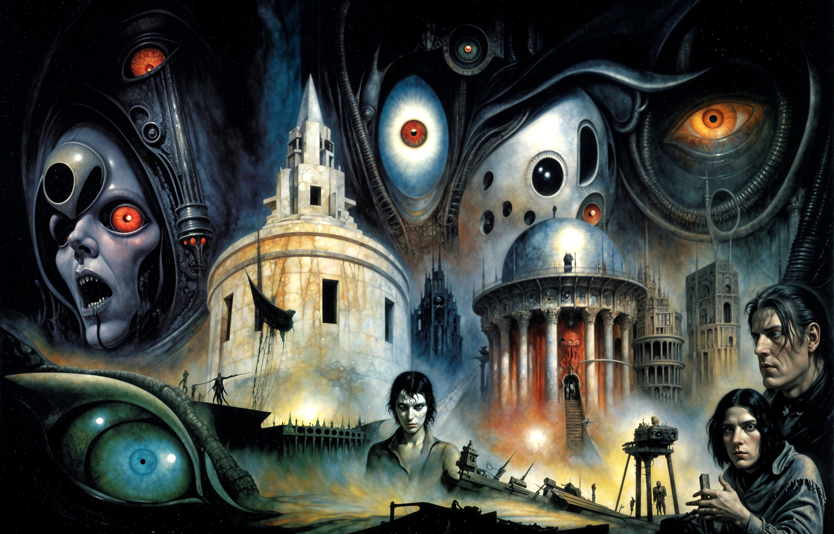 Surreal Dark Landscape with Futuristic Dystopian Elements