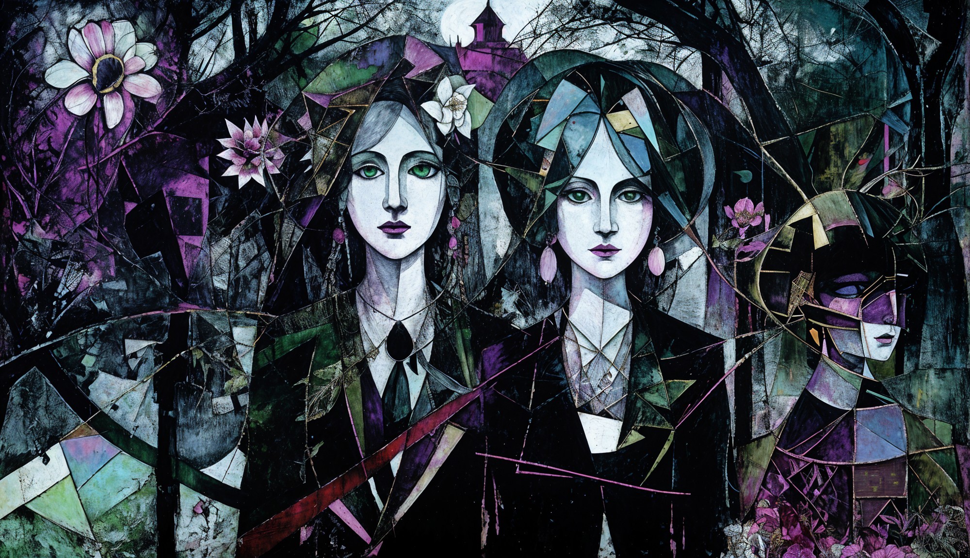 Three Stylized Figures Against Dark Fragmented Background