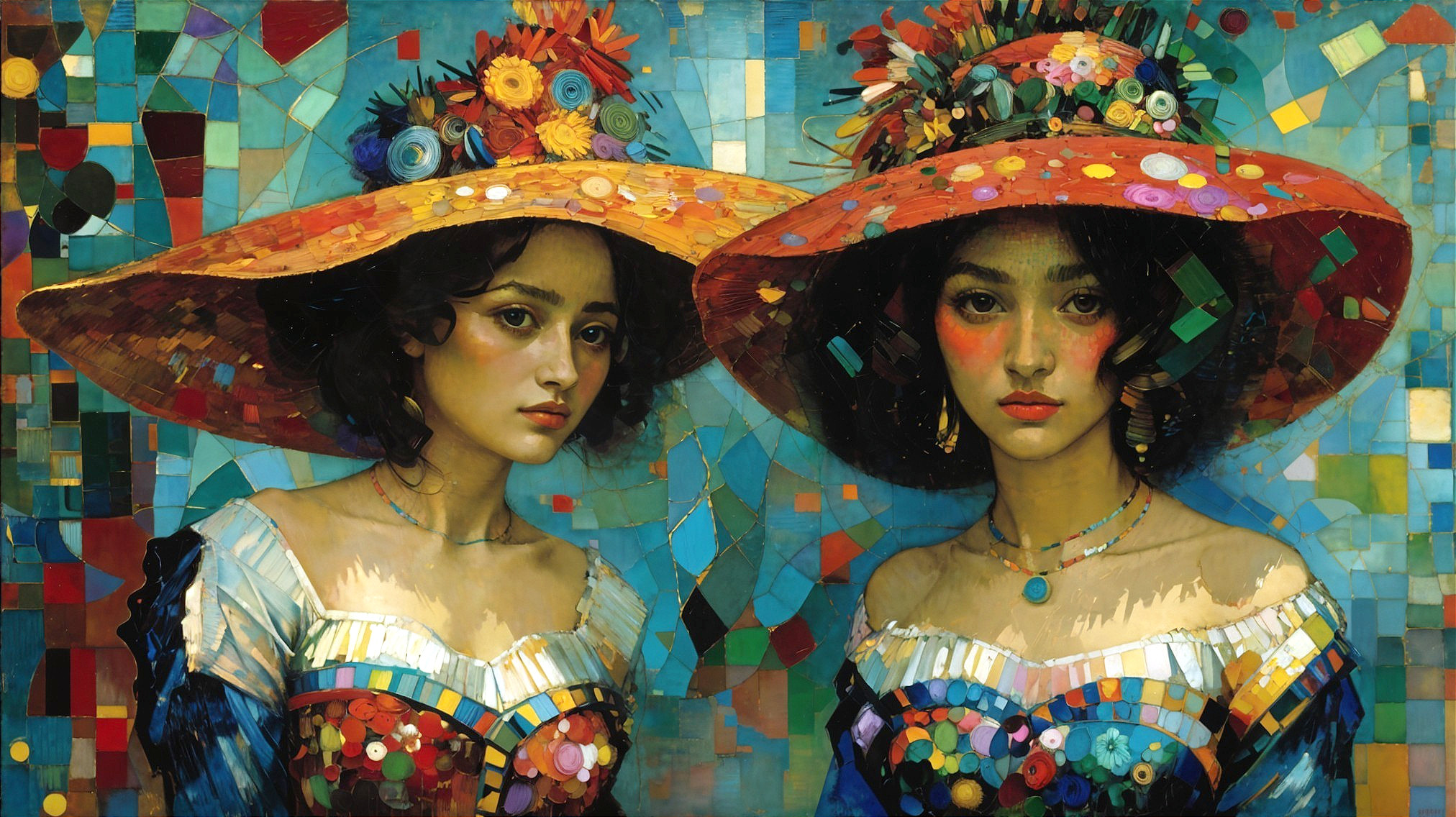 Elegant Women in Colorful Hats Against Mosaic Background