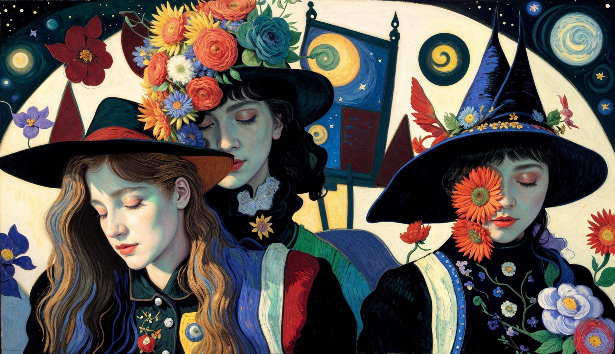 Three Women in Floral Hats with Dreamlike Background