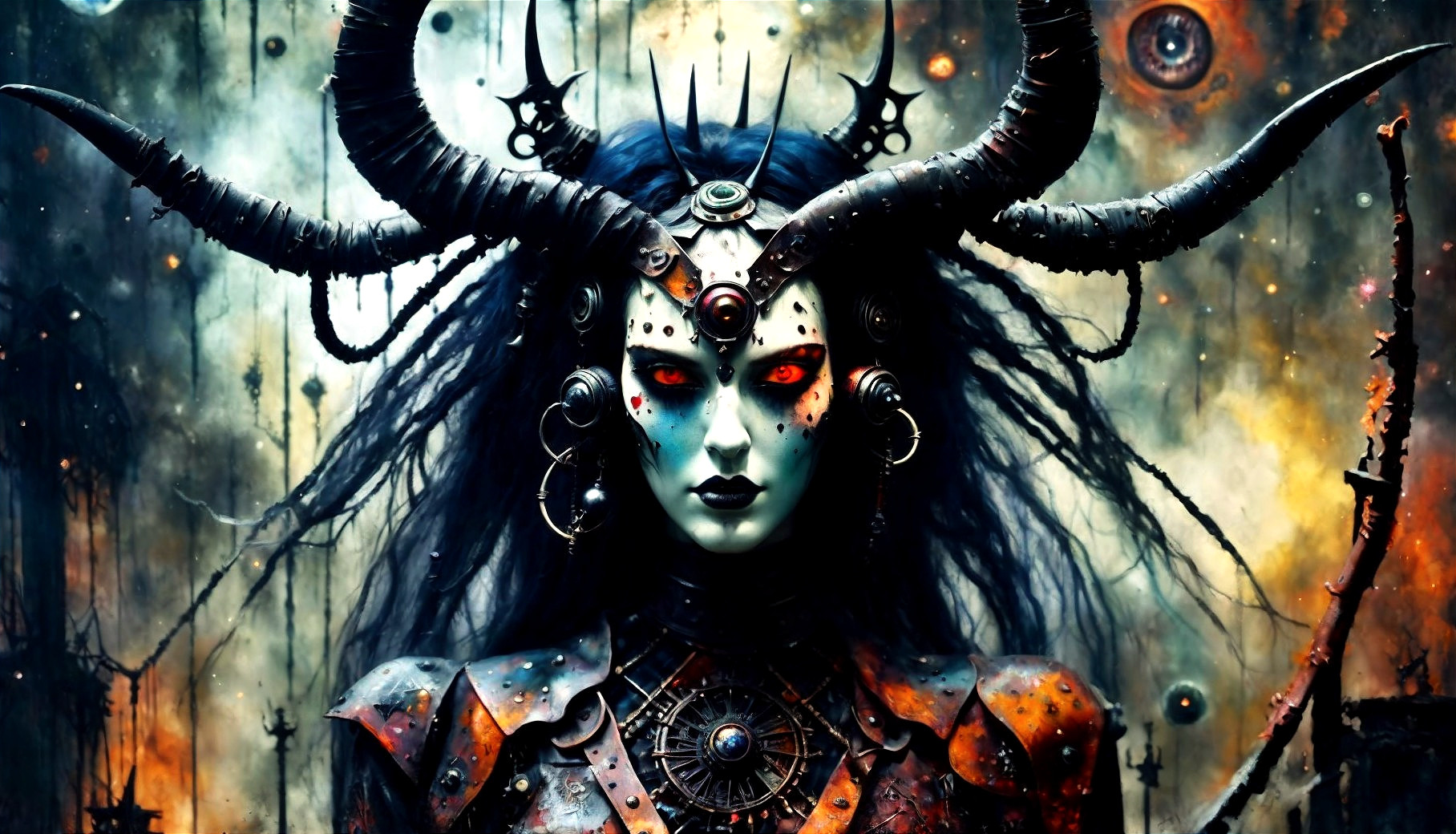 Dark Figure with Horns and Red Eyes in Cosmic Scene