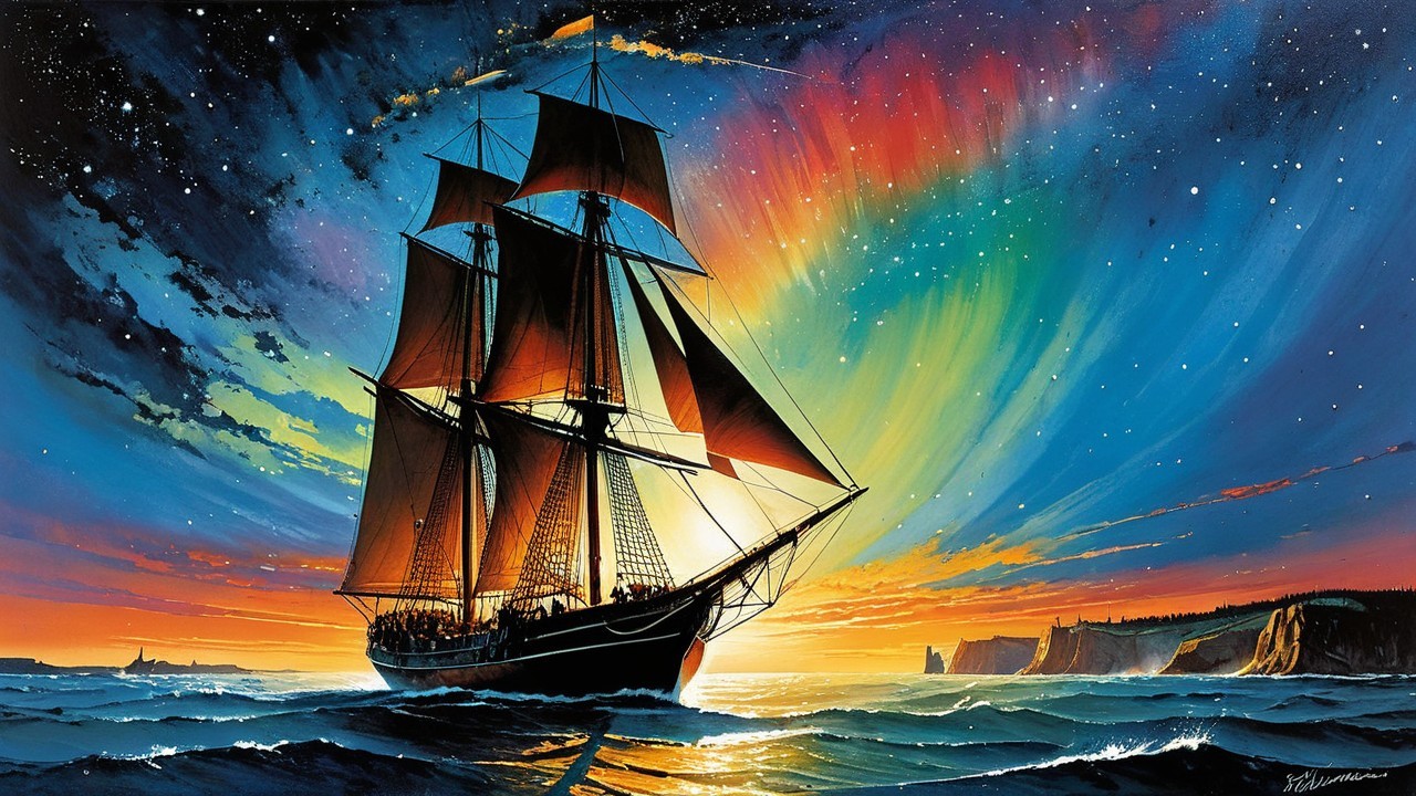 Majestic Sailing Ship on Vibrant Ocean at Dusk
