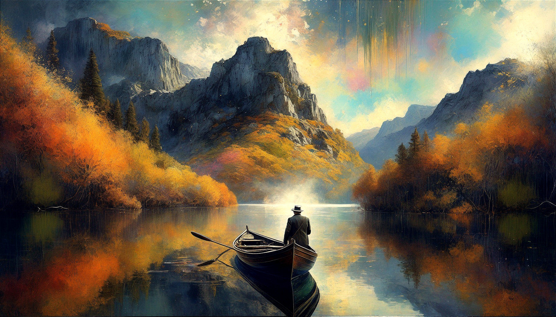 Solitary Figure in Boat on Tranquil Lake Landscape