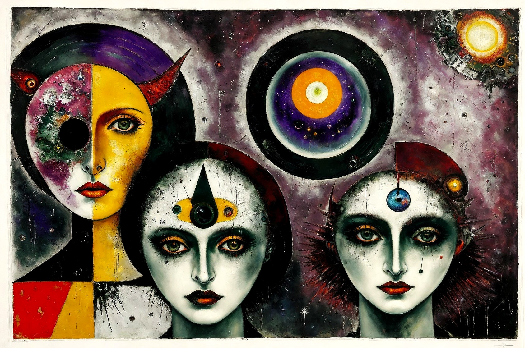 Surreal Female Faces with Cosmic Elements and Colors